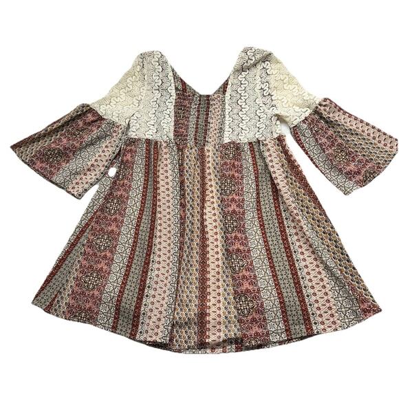 Entro Dress Womens Large Mini Shift Boho Bell Sleeve Mixed Media - Picture 9 of 11